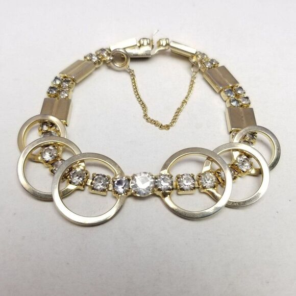 Vintage SAC Sarah Coventry Rhinestone Gold Tone Bracelet, Retro Design, Estate - Picture 7 of 7